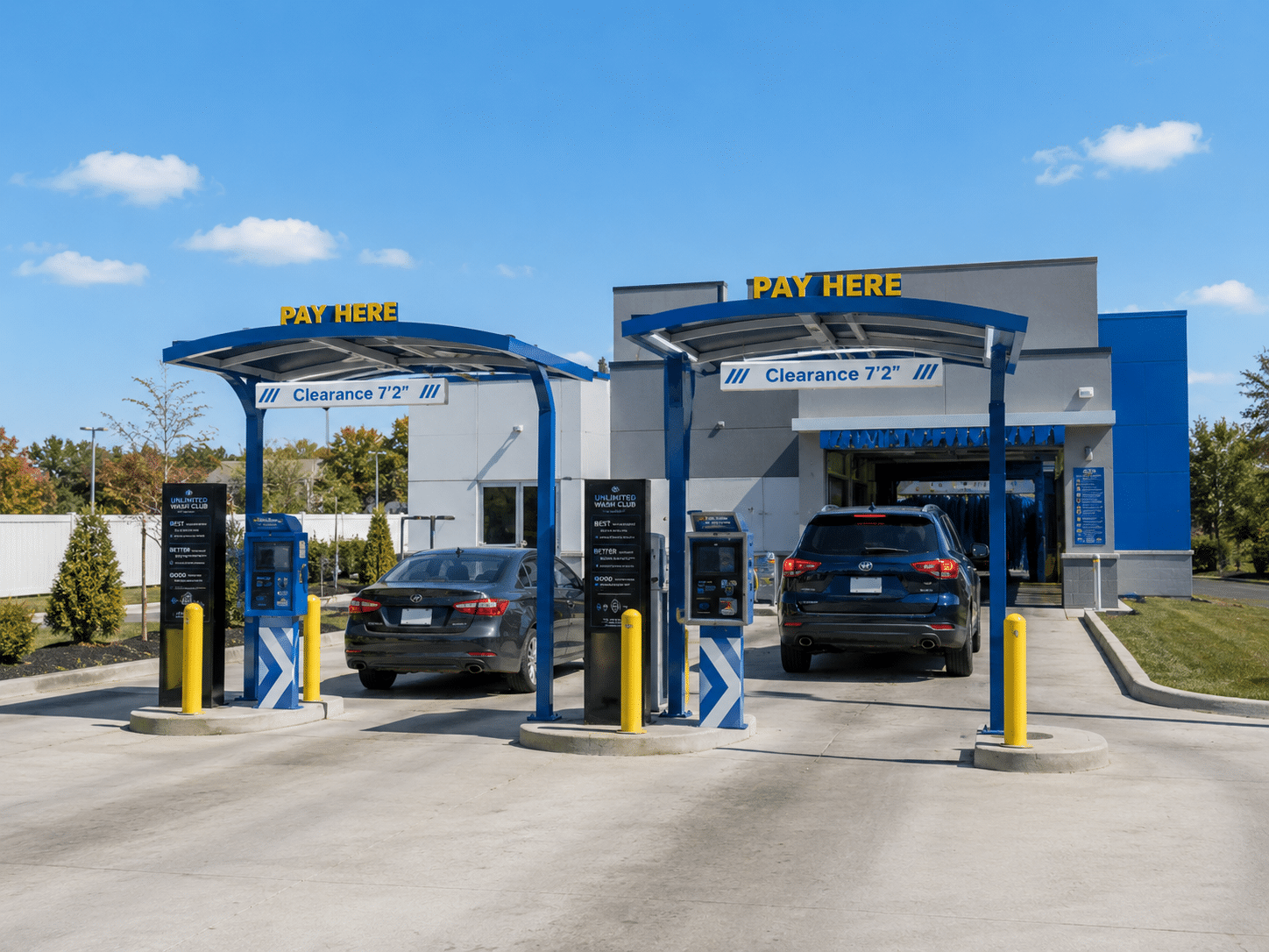 Blue Metal Car Wash Pay Station Canopy Fabricated For A Drive-Up Payment Lane