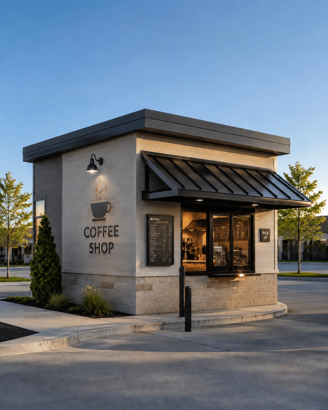 Small Drive-Thru Coffee Shop With Metal Awning Over The Order And Pickup Window