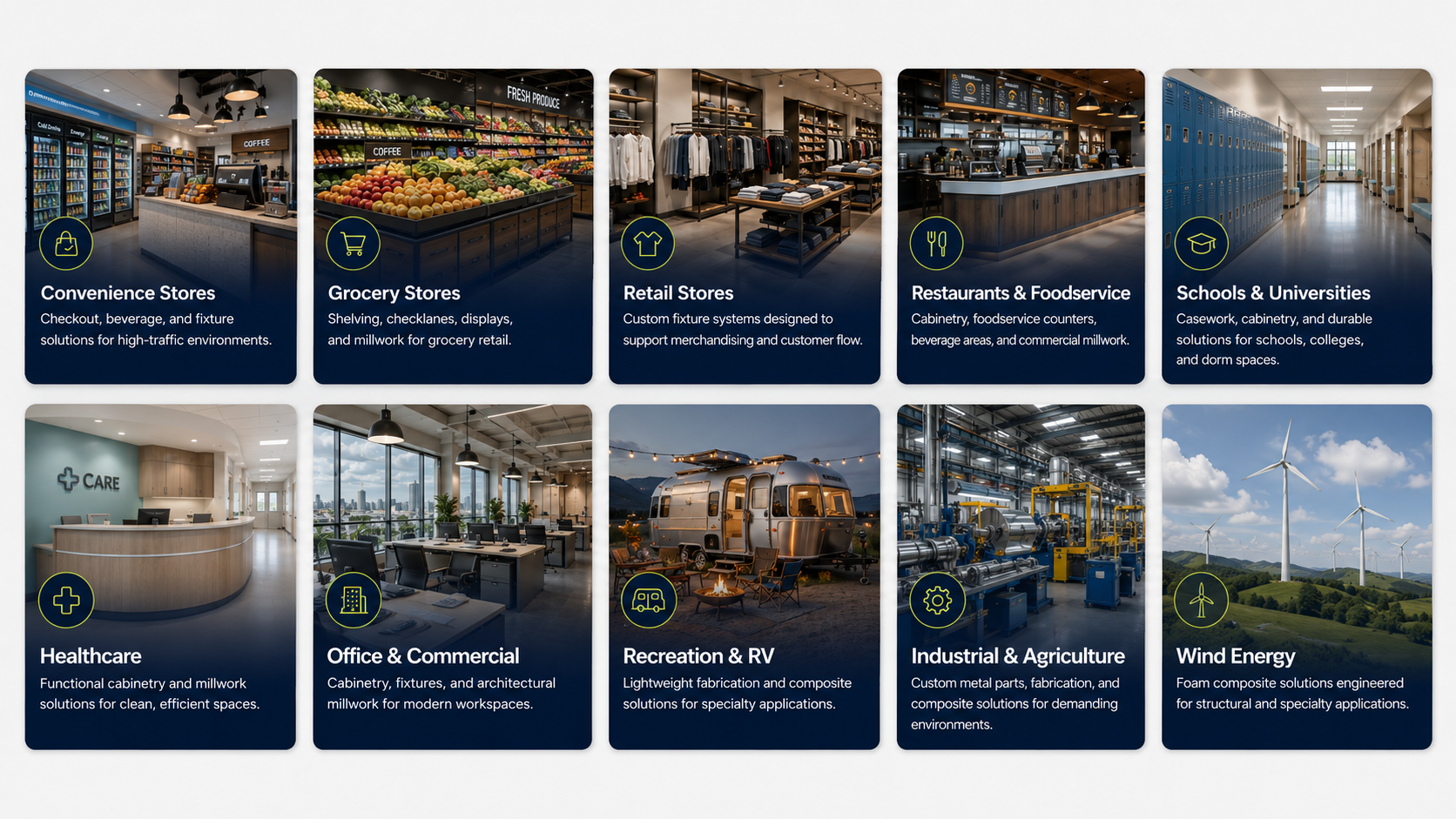 Industries served by KPI Concepts including convenience stores, grocery stores, retail stores, restaurants, schools, healthcare, office and commercial spaces, recreation and RV, industrial and agriculture, and wind energy