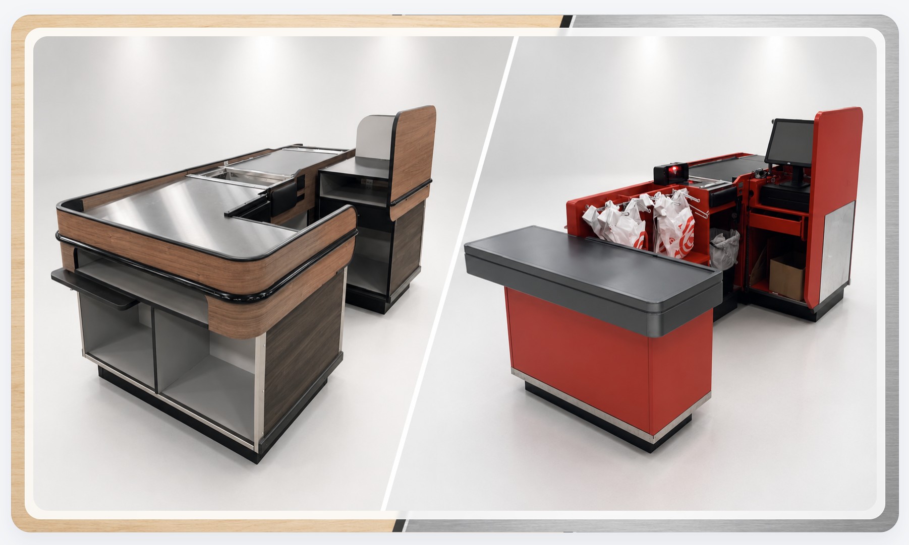 Wood and metal custom checklane materials by KPI Concepts